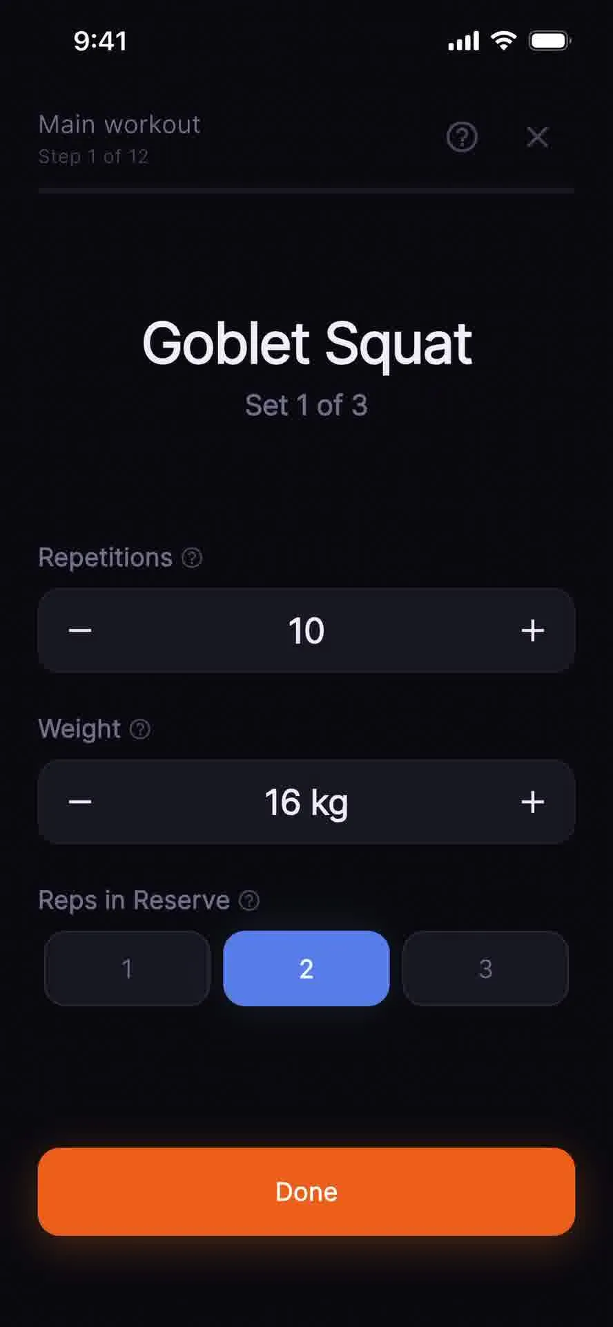 Set logging screen with RIR in Dose: Kettlebells
