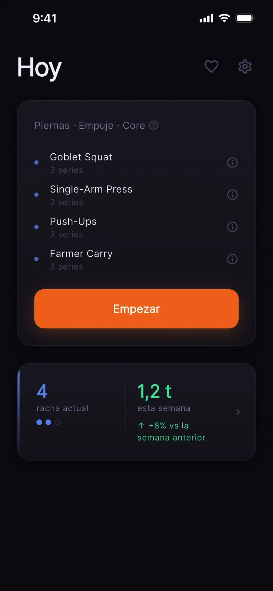 Pantalla de sesión de hoy en Dose: Kettlebells